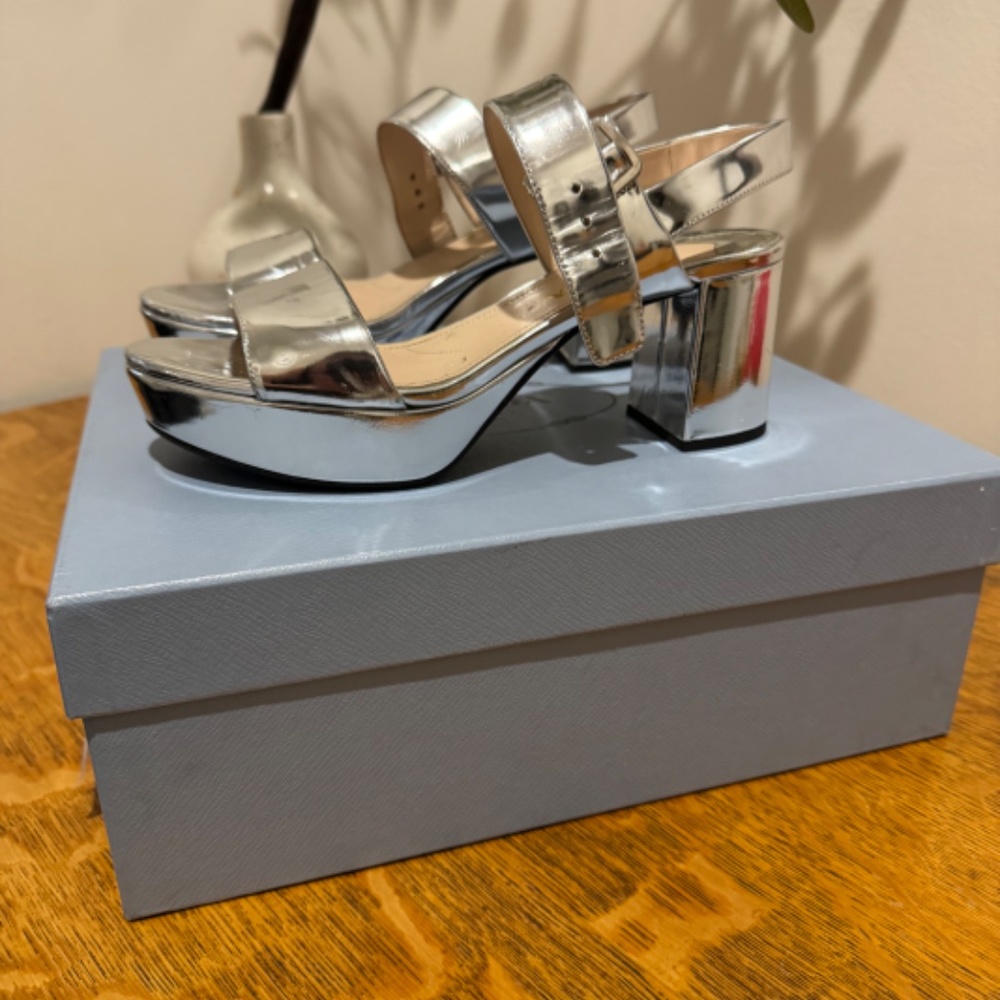 Size 6 Prada Silver Block Heel Low Platform Sandals